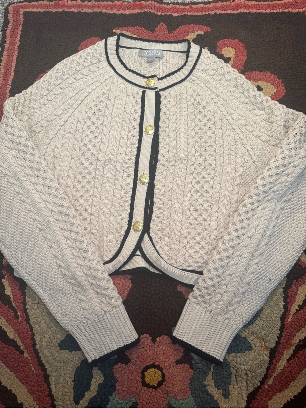 J. Crew Cream Cable-Knit Button Cardigan with Black Trim